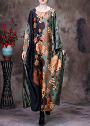 Bohemian Green Print Silk Maxi Dress Batwing Sleeve