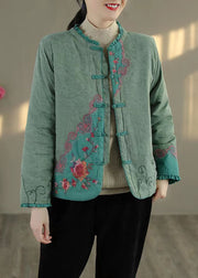 Bohemian Green Ruffled Embroidered Fine Cotton Filled Coats Spring