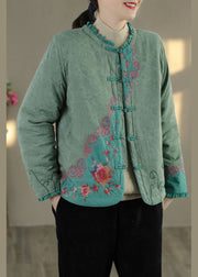 Bohemian Green Ruffled Embroidered Fine Cotton Filled Coats Spring