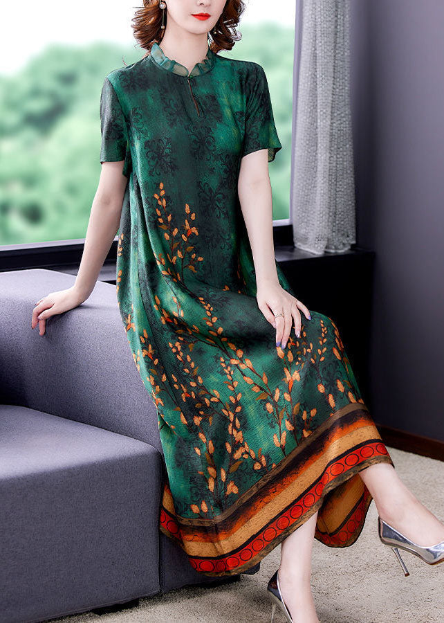 Bohemian Green Ruffled Print Silk A Line Dress Summer
