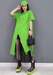 Bohemian Green Solid Asymmetrisches Design Baumwollpullover Streetwear Kleid Kurzarm