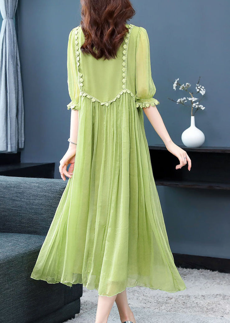 Bohemian Green Solid Color Lace Up Wrinkled Chiffon Dress Half Sleeve