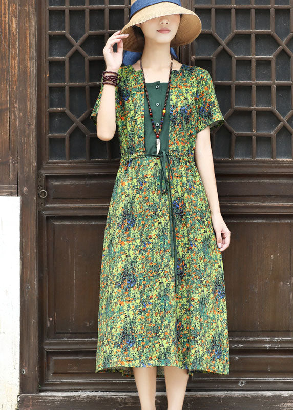 Bohemian Green Square Collar Tie Waist Patchwork Fake Two Piece Dresses Short Sleeve