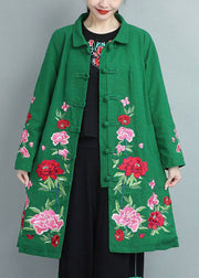 Bohemian Green Stand Collar Embroidered Cotton Coats Fall