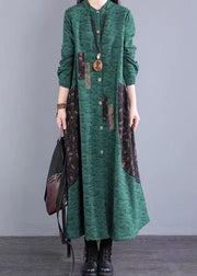 Bohemian Green Stand Collar Patchwork Cotton Long Dresses Fall