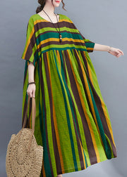 Bohemian Green Striped O-Neck wrinkled Pockets Beach Dress Short Sleeve