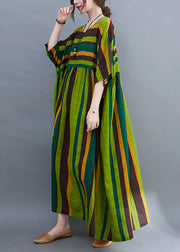 Bohemian Green Striped O-Neck wrinkled Pockets Beach Dress Short Sleeve