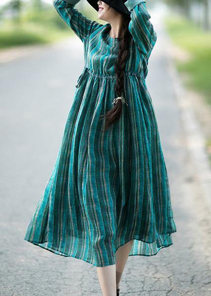 Bohemian Green Striped Tunic Pattern O Neck Drawstring Kaftan Dresses - SooLinen