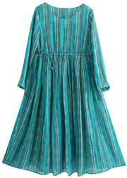 Bohemian Green Striped Tunic Pattern O Neck Drawstring Kaftan Dresses - SooLinen