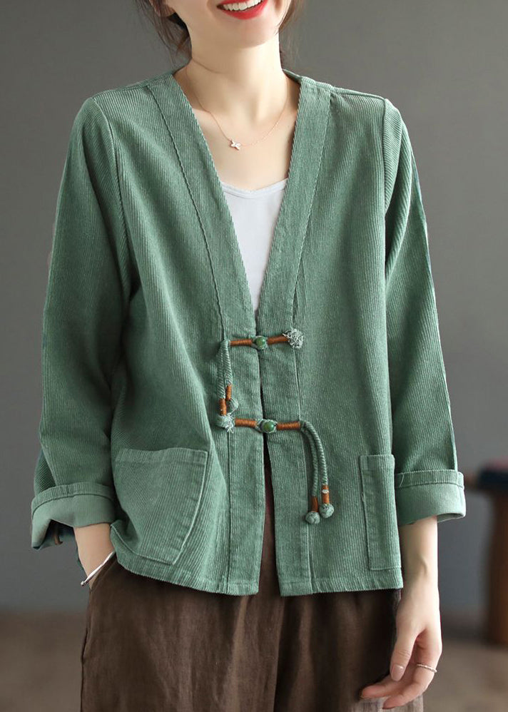 Bohemian Green Tasseled Pockets Patchwork Corduroy Coat Fall