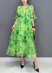 Bohemian Green Tie Dye Ruffled Patchwork Chiffon Dresses Summer