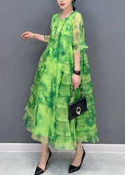 Bohemian Green Tie Dye Ruffled Patchwork Chiffon Dresses Summer