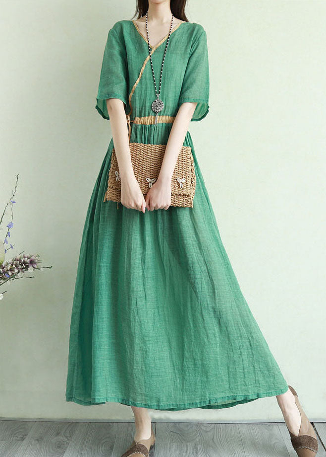 Bohemian Green Tie Waist V Neck Patchwork Linen Dresses Half Sleeve
