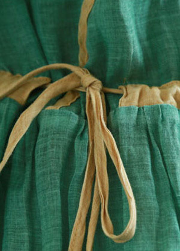 Bohemian Green Tie Waist V Neck Patchwork Linen Dresses Half Sleeve