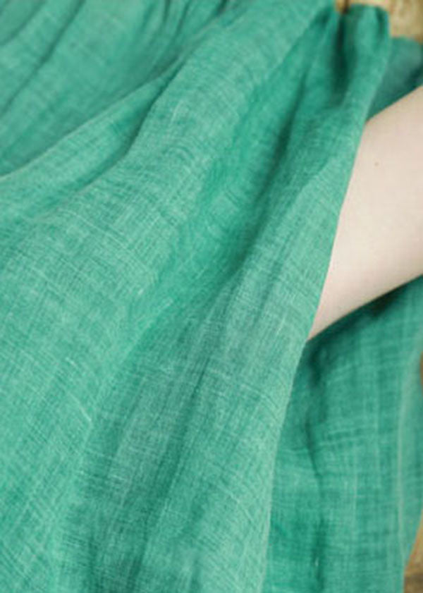 Bohemian Green Tie Taille V-Ausschnitt Patchwork Leinenkleider Halbarm