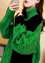 Bohemian Green Turtle Neck Thick Patchwork Knit Sweater Tops Winter
