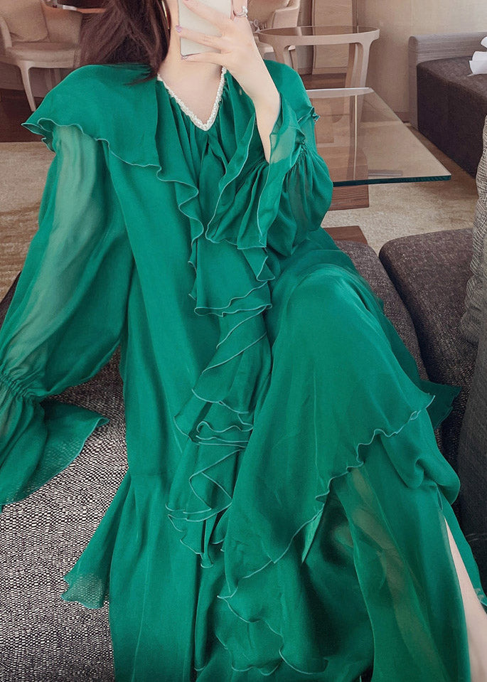 Bohemian Green V Neck Print Nail bead Wrinkled Silk Maxi Dresses Lantern Sleeve