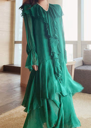 Bohemian Green V Neck Print Nail bead Wrinkled Silk Maxi Dresses Lantern Sleeve
