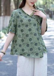 Bohemian Green V Neck Print Patchwork Linen Shirts Summer