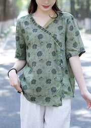 Bohemian Green V Neck Print Patchwork Linen Shirts Summer