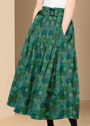 Bohemian Green Wrinkled Pockets Print Patchwork Silk Skirts Summer