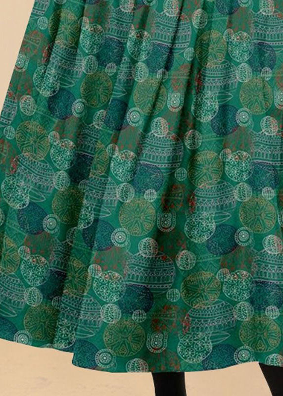 Bohemian Green Wrinkled Pockets Print Patchwork Silk Skirts Summer