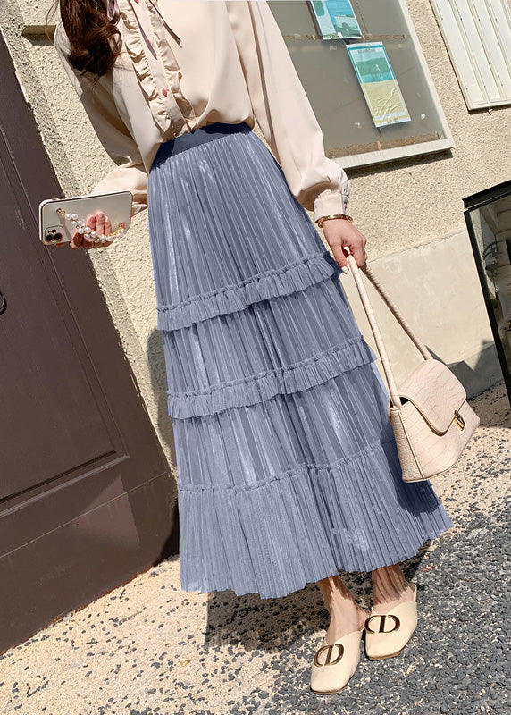 Bohemian Grey Blue High Waist Wrinkled Tulle Cake Skirt Spring