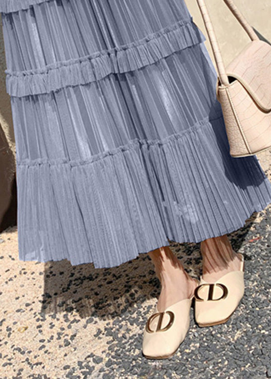 Bohemian Grey Blue High Waist Wrinkled Tulle Cake Skirt Spring