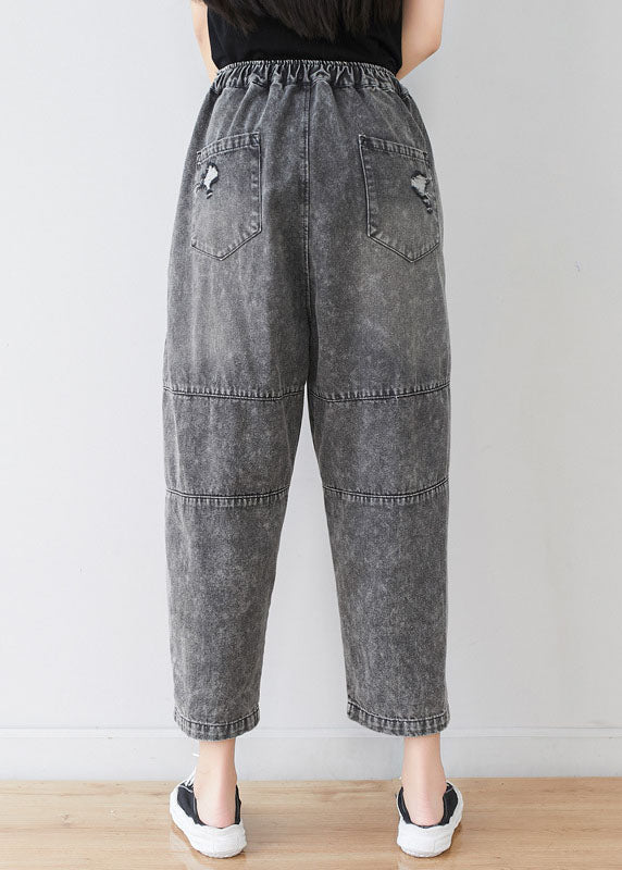 Bohemian Grey Embroidered Patchwork Applique Cotton Denim Pants Spring