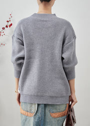 Bohemian Grey Oversized Patchwork Pockets Knit Sweater Tops Winter