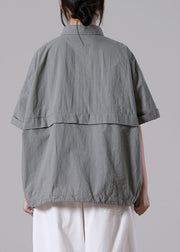 Bohemian Grey Oversized Pockets Solid Color Cotton Shirts Short Sleeve