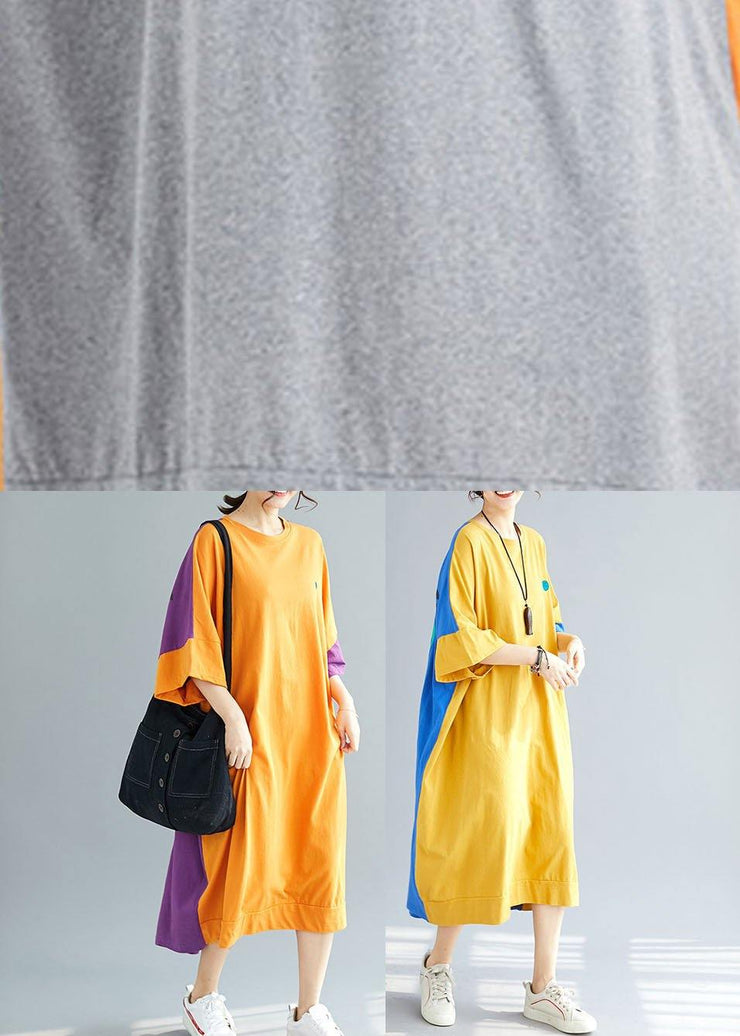 Bohemian Grey Patchwork Orange Low High Graphic Summer Half Sleeve Vacation Dress - SooLinen