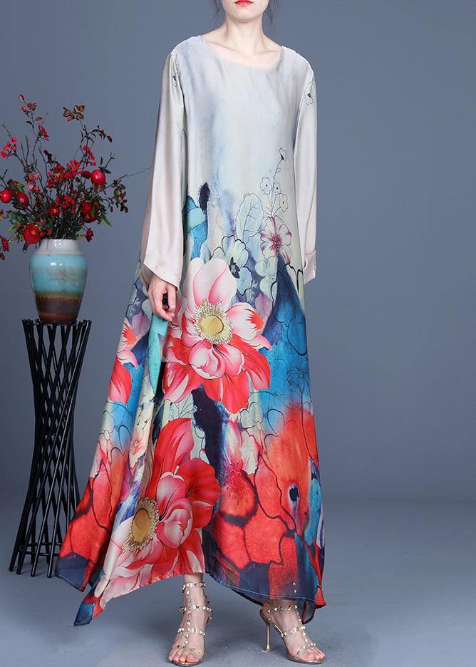 Bohemian Grey Print asymmetrical design Silk Summer Mid Dress - SooLinen