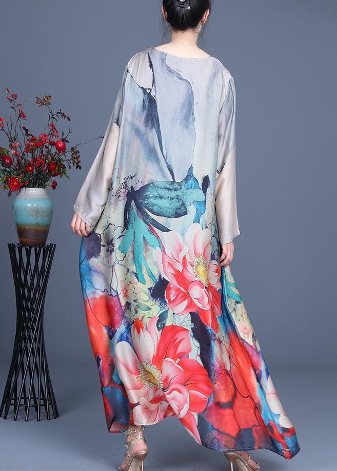 Bohemian Grey Print asymmetrical design Silk Summer Mid Dress - SooLinen