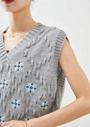 Bohemian Grey V Neck Embroidered Knit Vest Fall