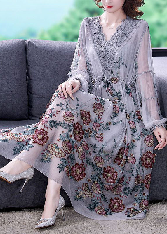 Bohemian Grey V Neck Patchwork Embroidered Tulle Cinched Dress Spring
