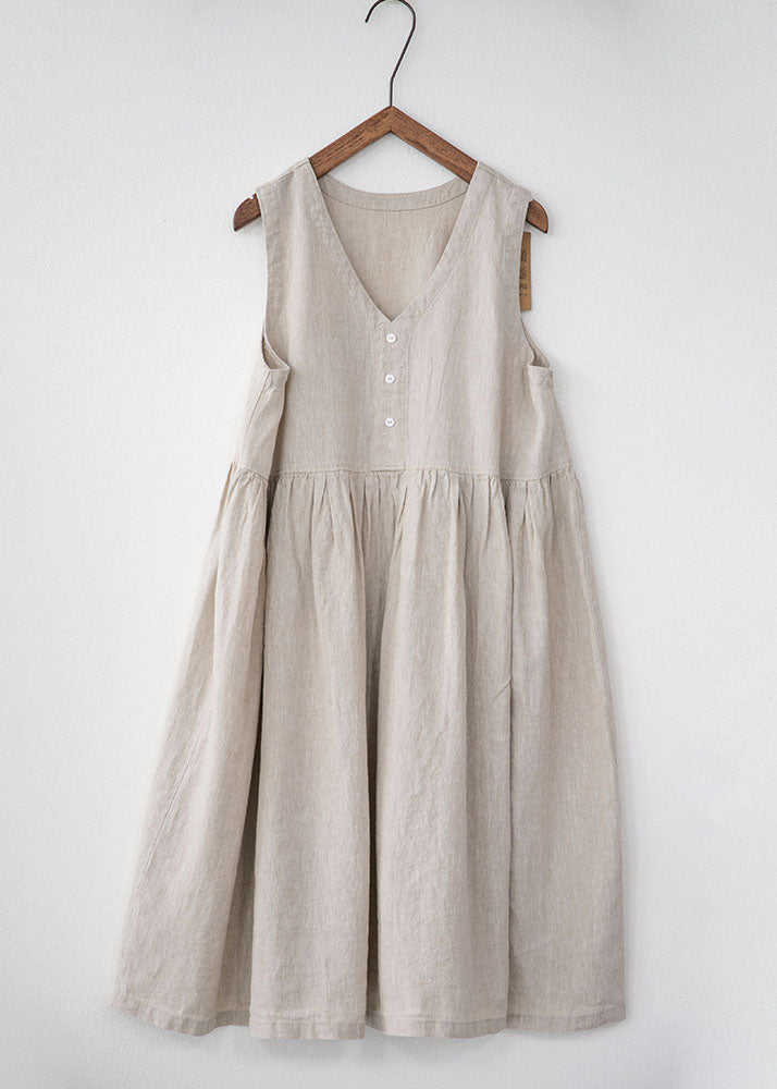 Bohemian Grey V Neck Wrinkled Patchwork Linen Dresses Summer