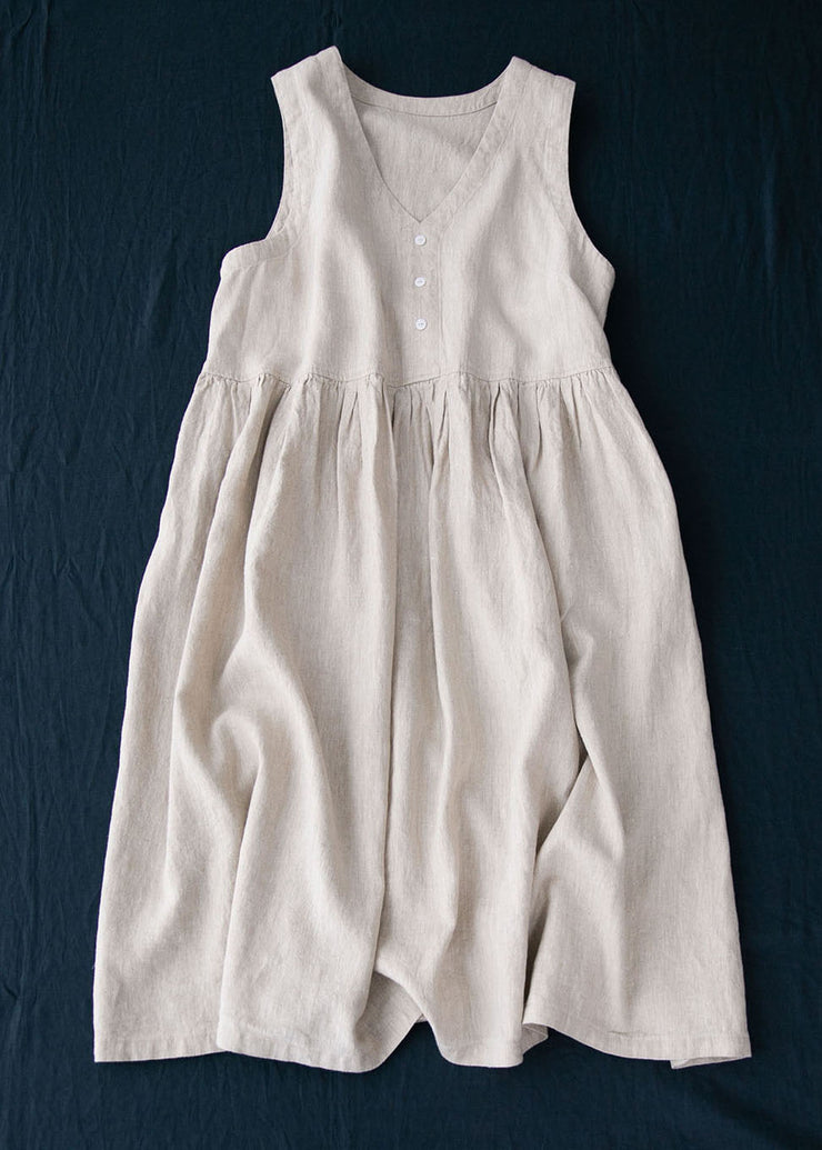 Bohemian Grey V Neck Wrinkled Patchwork Linen Dresses Summer