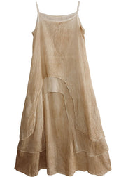 Bohemian Khaki Asymmetrical Design Cotton Holiday Spaghetti Strap Dress Summer