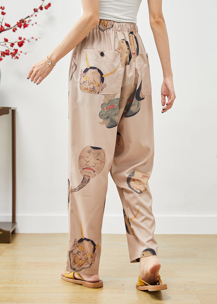 Bohemian Khaki Elastic Waist Monsters Print Silk Pants Fall