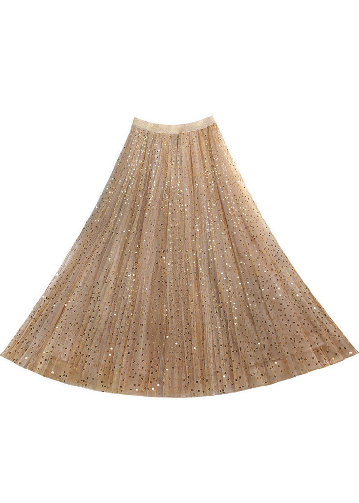 Bohemian Khaki Embroidered Sequins Tulle A Line Skirt Spring