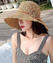 Bohemian Khaki Floral Straw Woven Beach Floppy Sun Hat