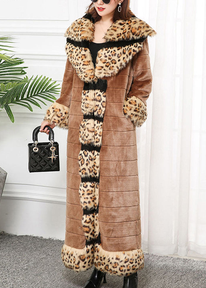 Bohemian Khaki Fox Collar Patchwork Leopard Faux Fur Coat Winter