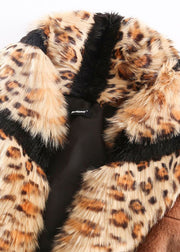 Bohemian Khaki Fox Collar Patchwork Leopard Faux Fur Coat Winter