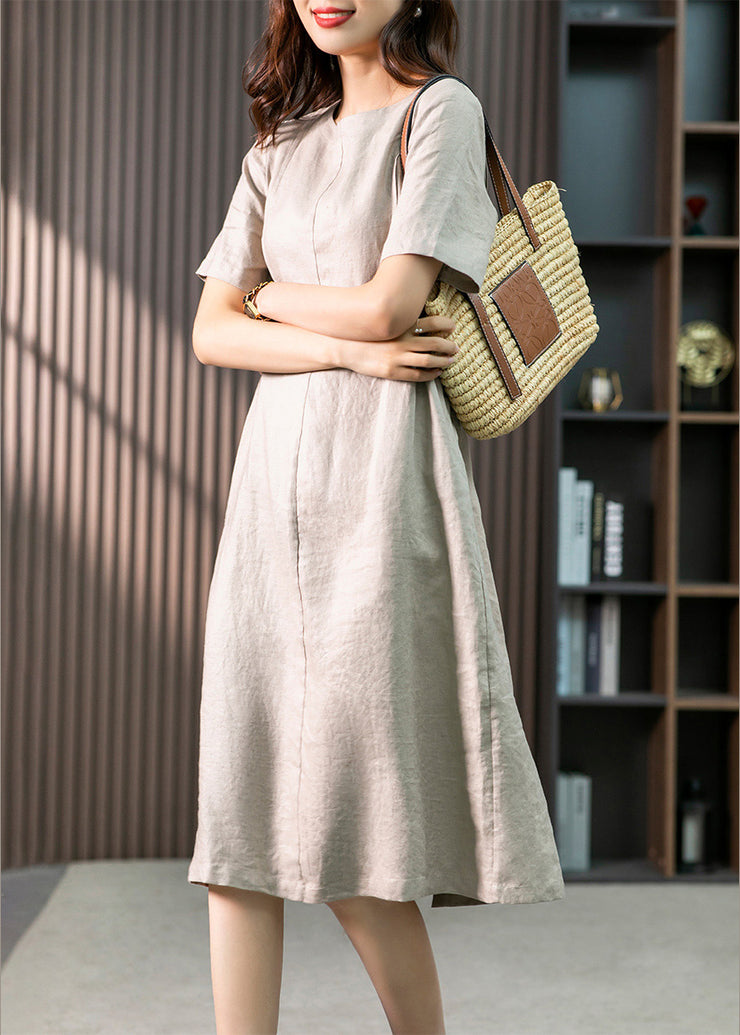 Bohemian Khaki O-Neck Patchwork Wrinkled Linen Long Dresses Summer