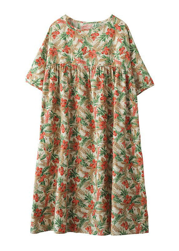 Bohemian Khaki Oversized Print Cotton A Line Dresses Short Sleeve