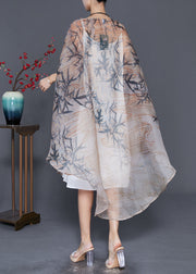 Bohemian Khaki Oversized Print Tulle Dress Cloak Sleeves