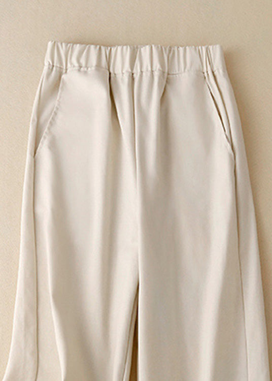 Bohemian Khaki Pockets Elastic Waist Solid Linen Crop Pants Summer