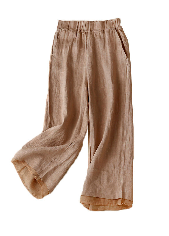 Bohemian Khaki Pockets Elastic Waist Solid Linen Crop Pants Summer