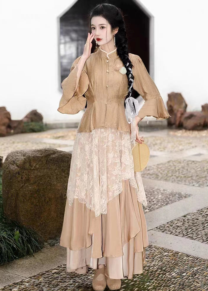 Bohemian Khaki Ruffled Lace Patchwork Tops And Skirts Chiffon Two Pieces Set Summer